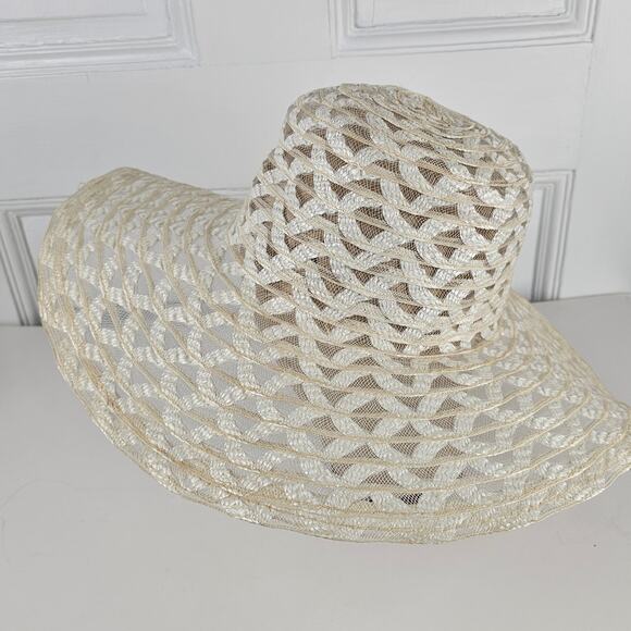 VTG 1970s wide brim sheer Hat crisscross  prairie cottage boho bridesmaid - Picture 4 of 10